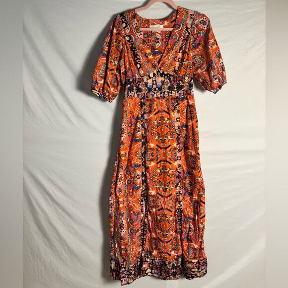 By Anthropologie Dress Maxi Boho Kaftan Vibrant Orange- 2 - Picture 2 of 8